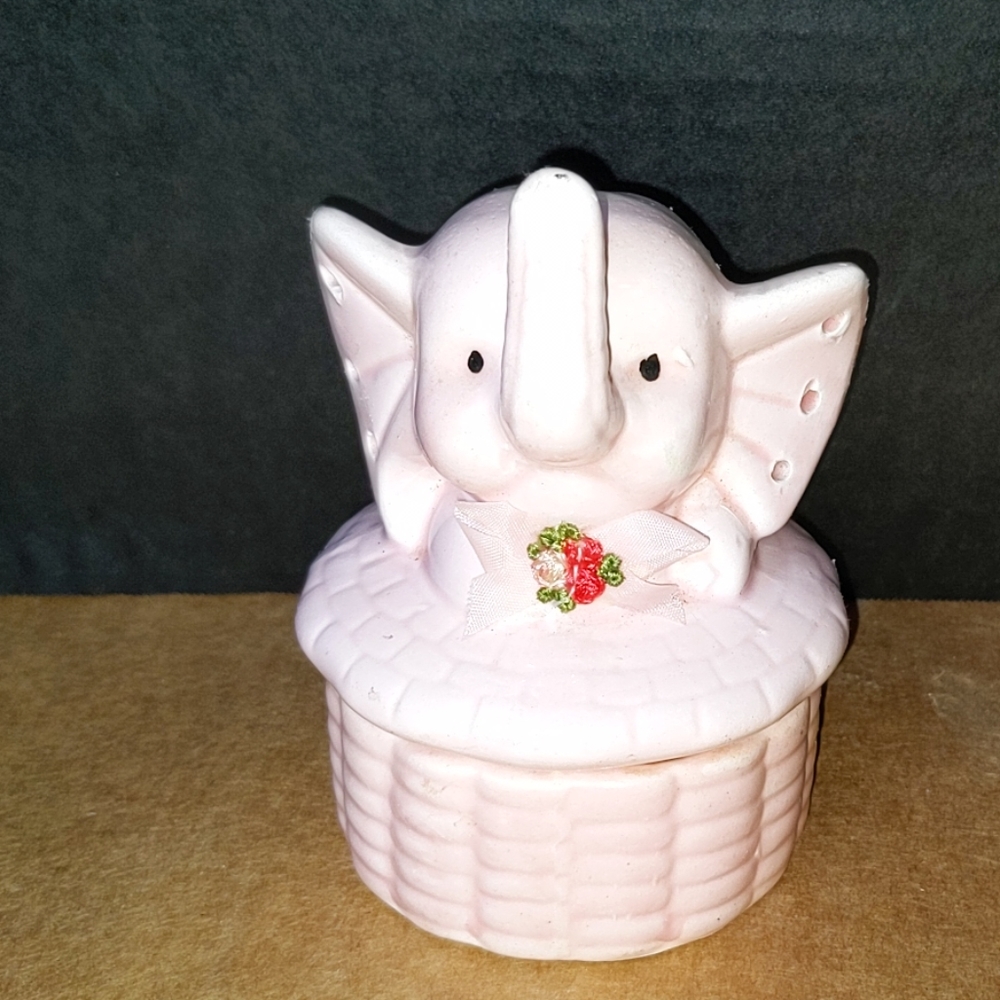 Vintage Pink Elephant Ceramic Jewelry Box